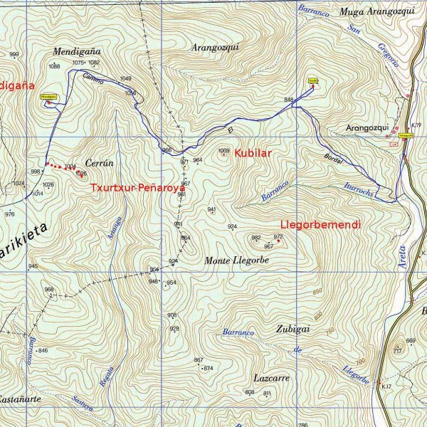 MAPA: Mendigaña inguruko mendiak